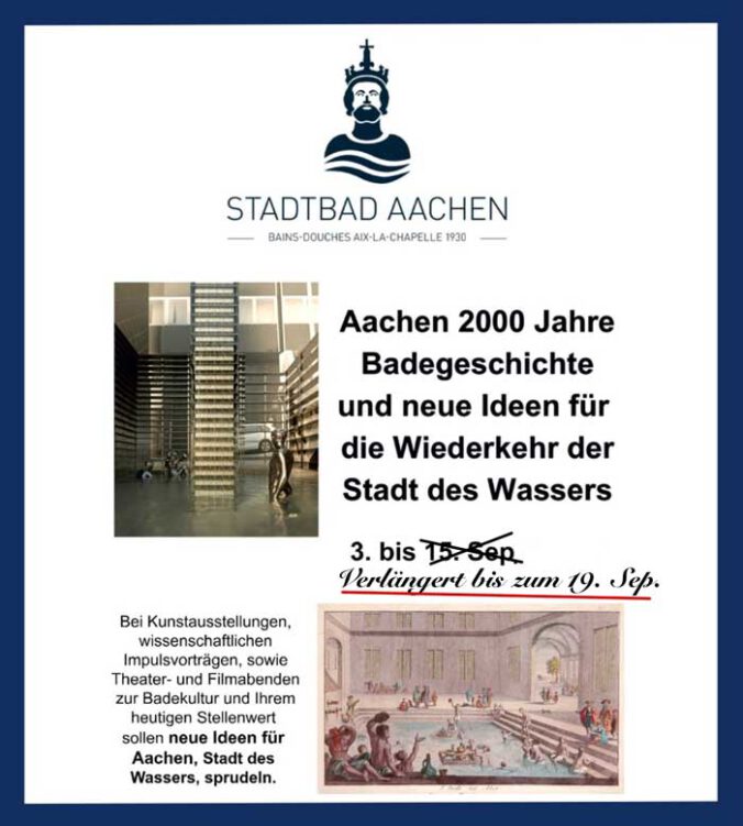 Aktuelles Bild zur Verlängerung der Ausstellung "2000 Jahre Badegeschichte" bis zum 19.09.2024 im Stadtbad Aachen.