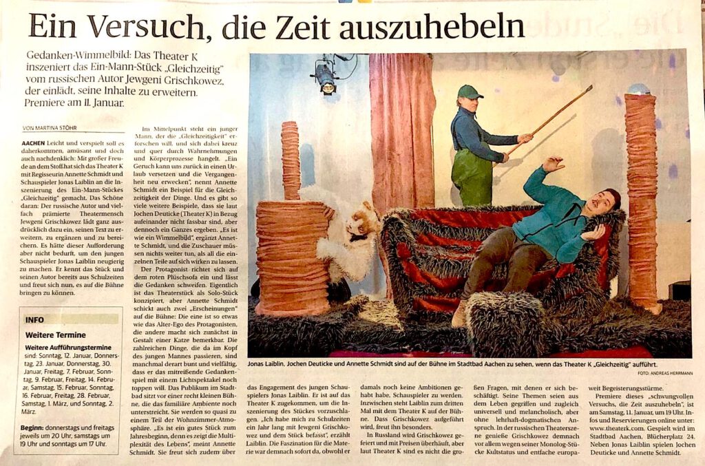 Bild Zeitungsartikel Theateraufführung "GLEICHZEITIG" Theater K im Stadtbad Aachen.