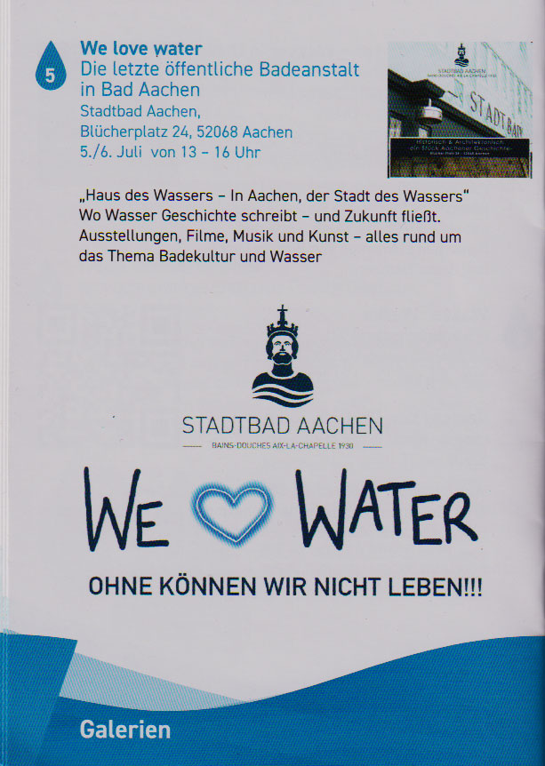 Ankündigung Wasser-Route Programm im Stadtbad Aachen.